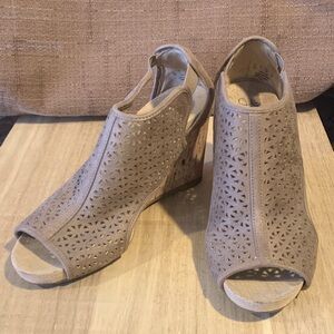 Life Stride Taupe Laser-Cut Open-Toe Wedge Slingback